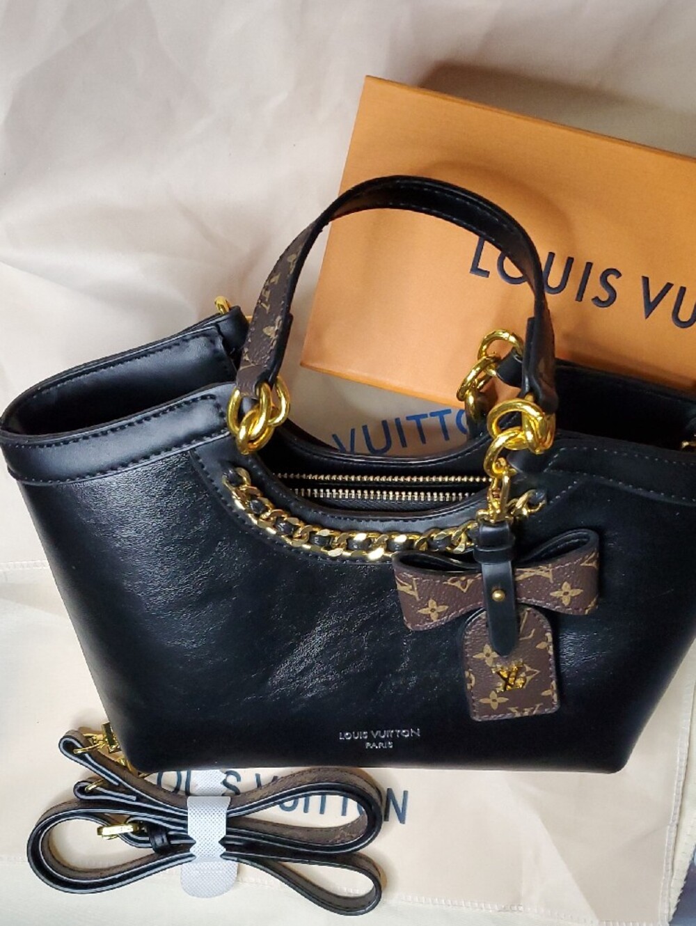 Black Lv Shoulder Bag with Brown Monogram Bow and Gold Hardware - Picture 4 of 14
